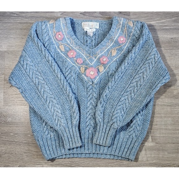 Vintage Melbourne Country‎ Sweater Blue V Neck Floral Hand Knit Ramie Blend M * - Picture 1 of 14